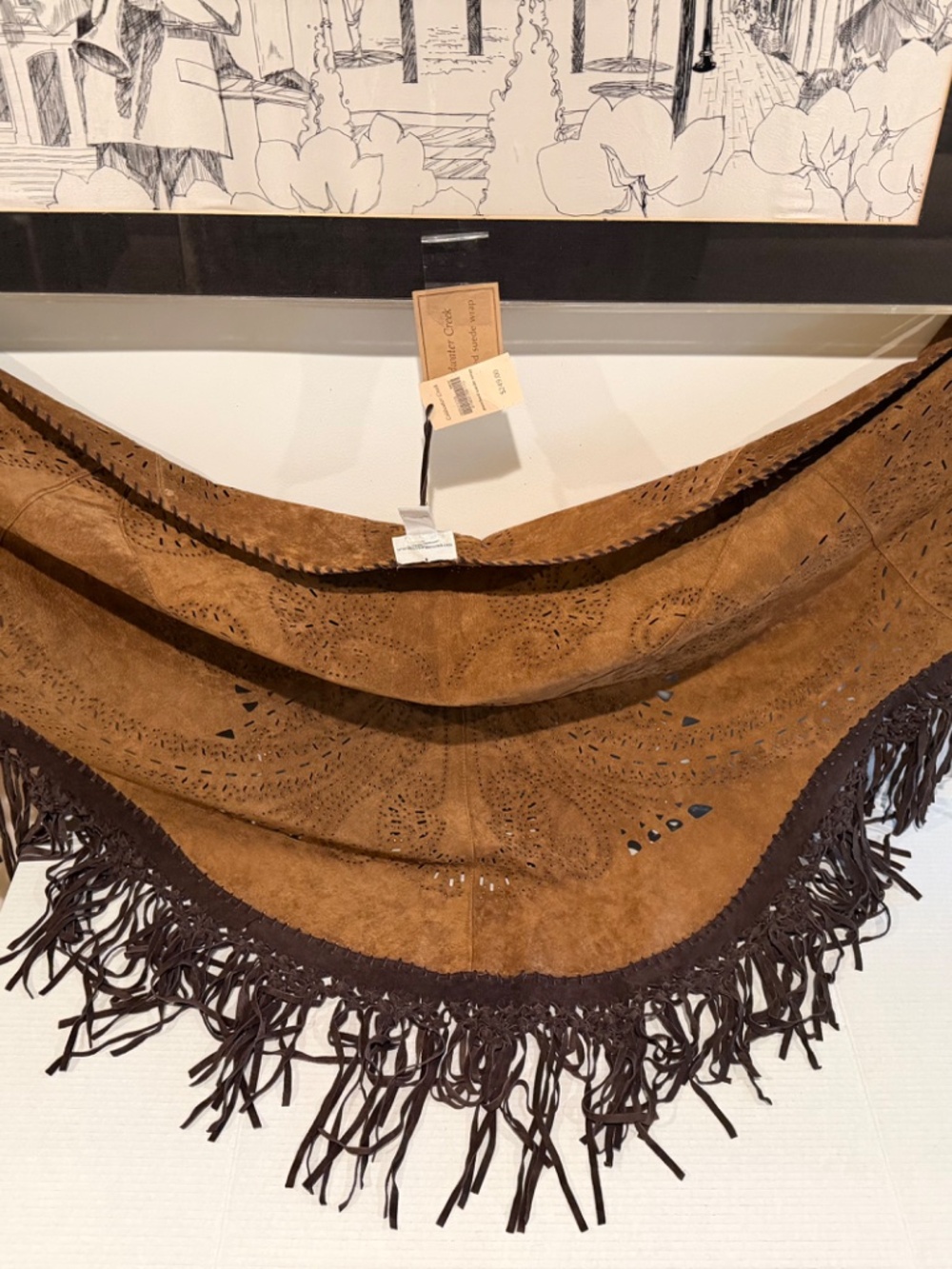 NWT - STUNNING LASER CUT SUEDE SHAWL W/ knotted FRINGE TRIM